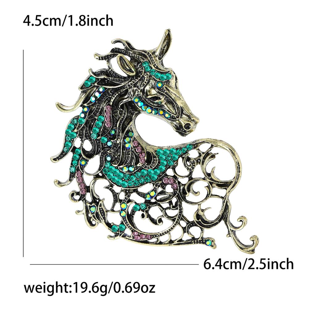 Vintage Hollow Out Handsome Horse Brooch Crystal Badge Pin Jewelry Accessory