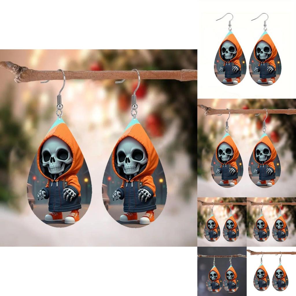 Halloween Themed Hooded Jacket Skull Pattern Droplet Shaped Acrylic Earrings For Trendy Casual Wear