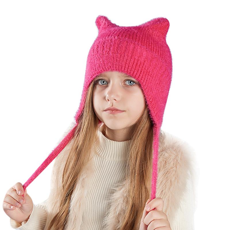 

Новые детские шапки, милые вязаные шерстяные шапки с кошачьими ушками, зимние шапки для мальчиков и девочек, детские защитные капюшоны, модные уличные теплые цветные шапки розы красного