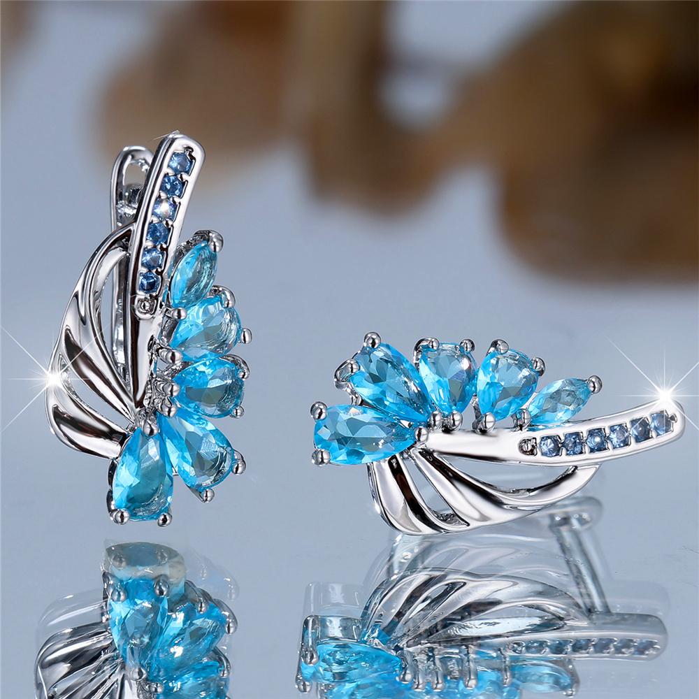 Charm Female Light Blue Zircon Stone Hoop Earrings Silver Color Simple Wedding  For Women
