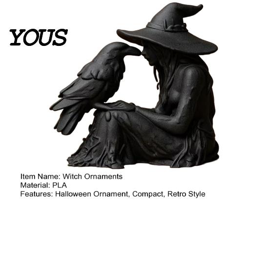 Stable Base Witch Ornament 3D Printed Ornament, with Matte Black Figurine, Frosted Paint Gothic Style Resin Sculpture for Halloween Party
