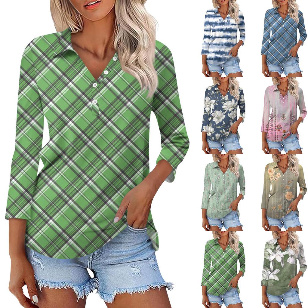 Women's Fashion Casual Long Sleeve Floral Print V-Neck Button Top