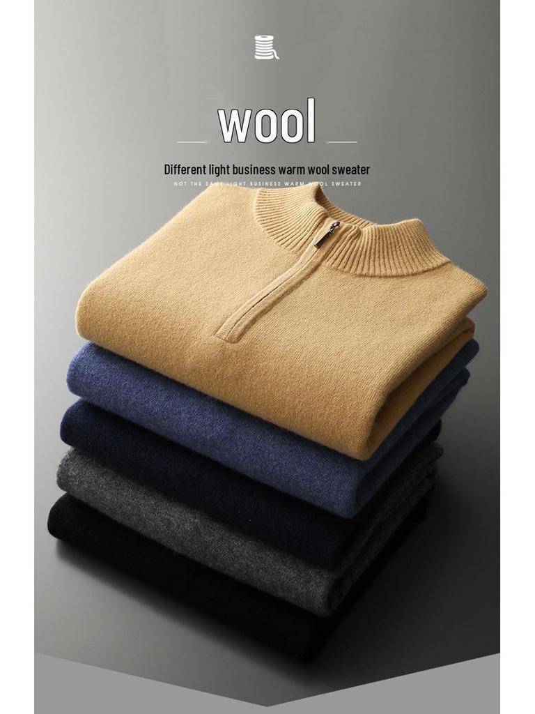 Men's 100% Pure Wool Half-Zip Sweater - Thickened Knit Base Layer for Autumn and Winter