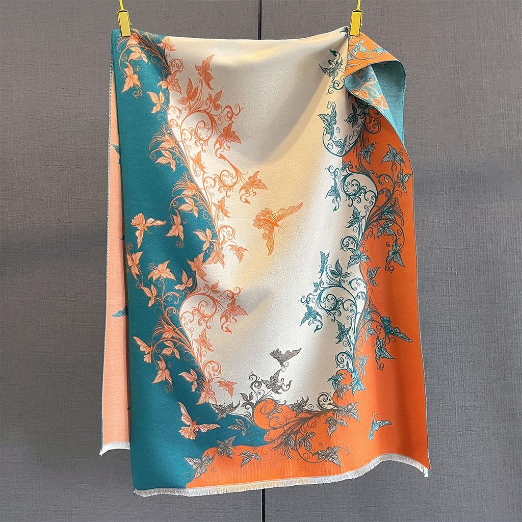 Autumn and winter new contrasting color butterfly printing scarf three-color splicing retro pattern design warm and fashionable outer shawl