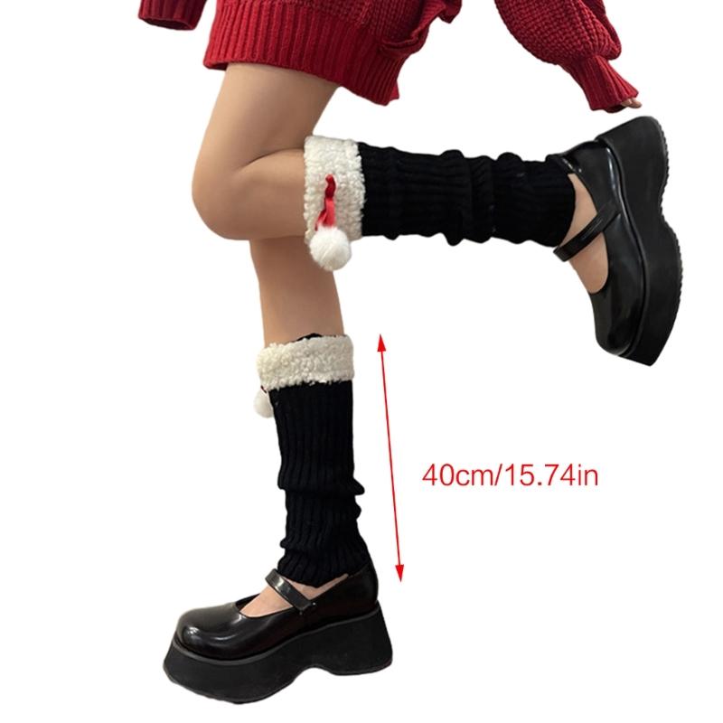 Women Winter Ribbed Knit Leg Warmer Stockings Y2K Harajuku Furry Trim Plush Ball Bow Christmas Leg Cover Long Boot Socks