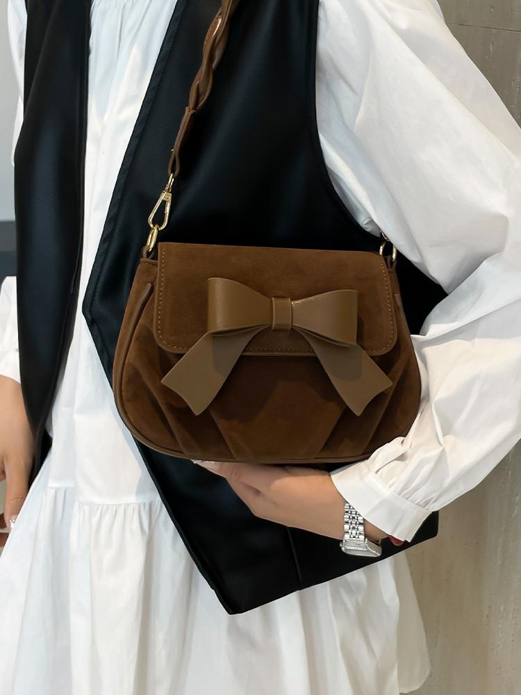 Exquisite Bow One Shoulder Bags for Women Autumn New Faux Suede Small Handbags French Retro Trendy Mini Crossbody Bag