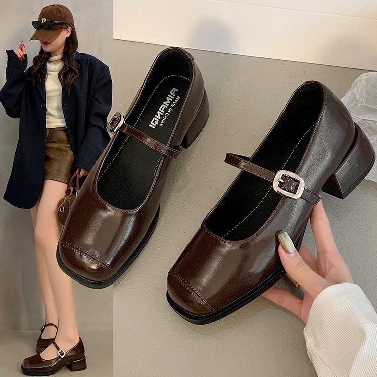 Women's Retro French Mary Jane Square Toe Leather Shoes, 2025 Spring/Autumn, Chunky Heel, Versatile Low-Cut for Skirts