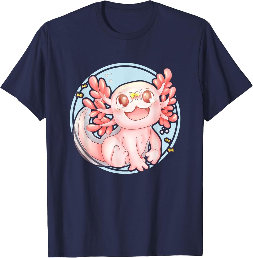 Kawaii Axolotl Cute Pink Amphibian Graphic Tee Soft Cotton Casual Crew Neck T-Shirt for Men
