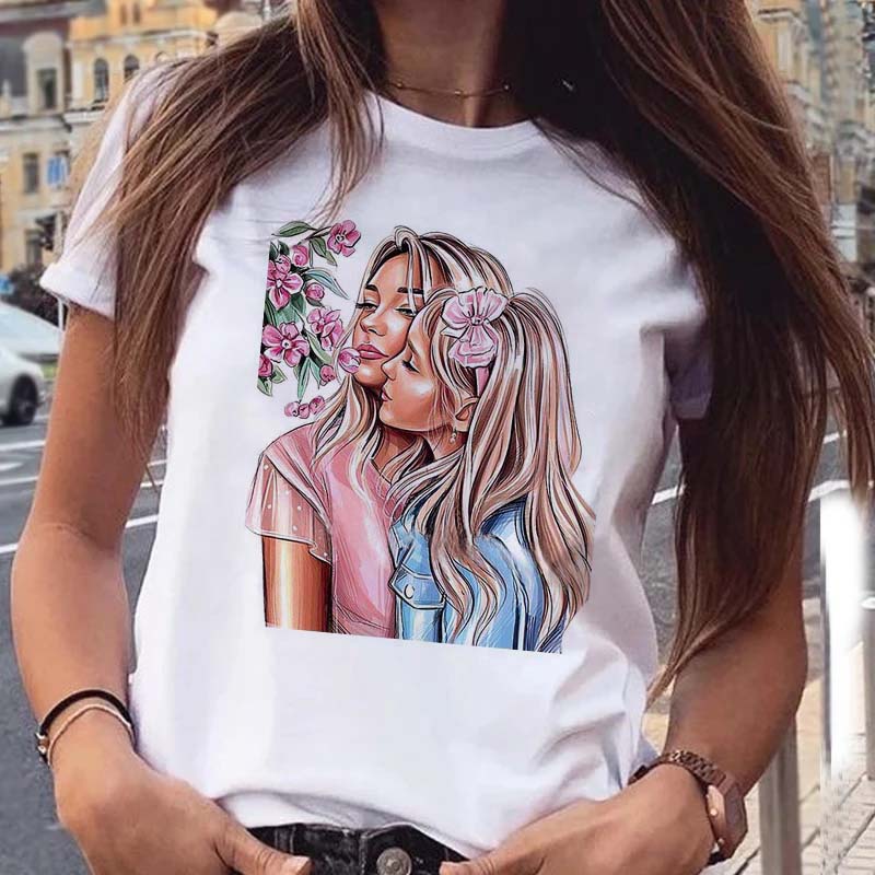 Camiseta feminina desenho animado mãe filha filho estampa senhora camisetas manga curta tops feminino kawaii gráfico camiseta feminina roupa