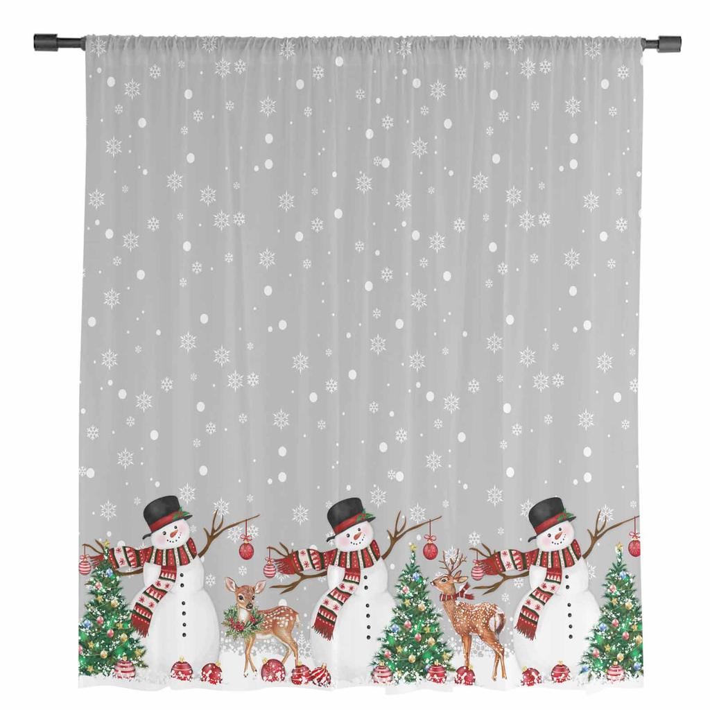 Christmas Ball Snowman Elk Christmas Tree Snowflake Gray Sheer Curtains Room Decor Window Curtain Kitchen Tulle Voile Curtains