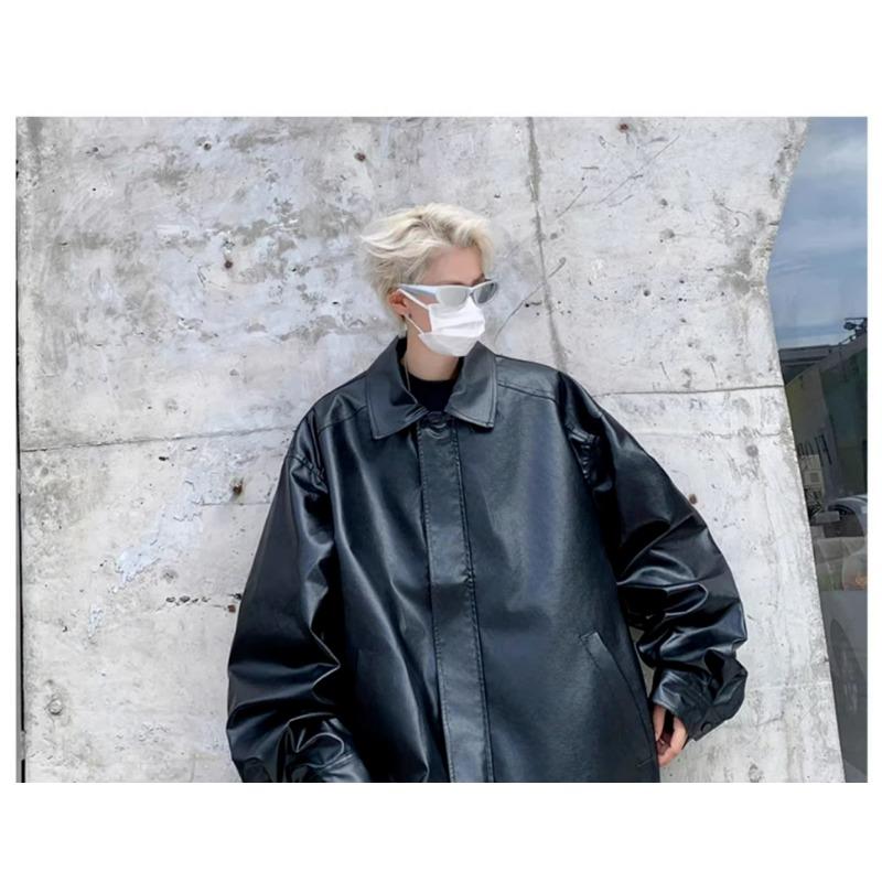 American Retro Black Leather Jacket Men's High-end Feeling Spring and Autumn Clean Fit Cool and Stylish Shoulder Pad Jacket Motorcycle Suit