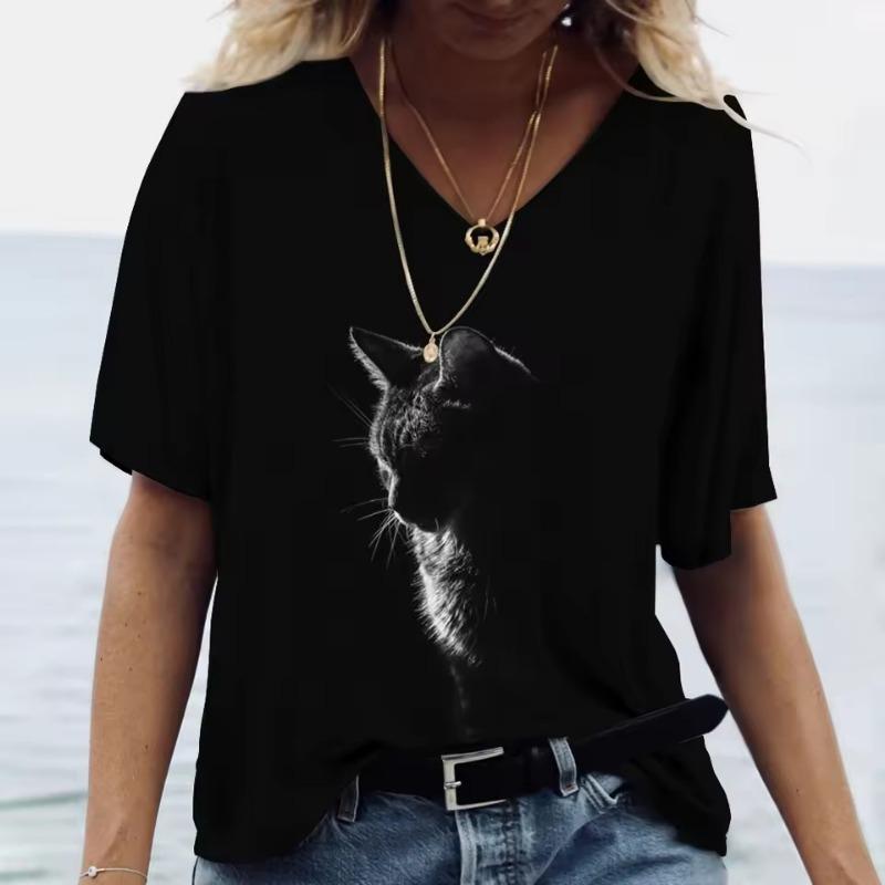 Cartoon Cat Women's T-shirts V-Neck Cute Cat 3D Print Short Sleeve Summer Kawaii Fashion Casual Tee Shirts Funny Femininity Clothes