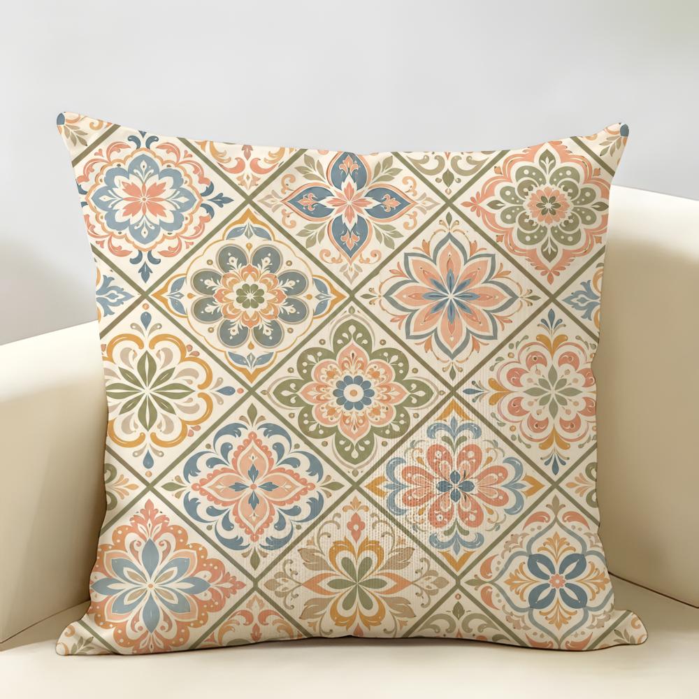 Bohemian Tile Print Cushion Cover Durable Hypoallergenic Organic Linen Short Pillow Cover Washable