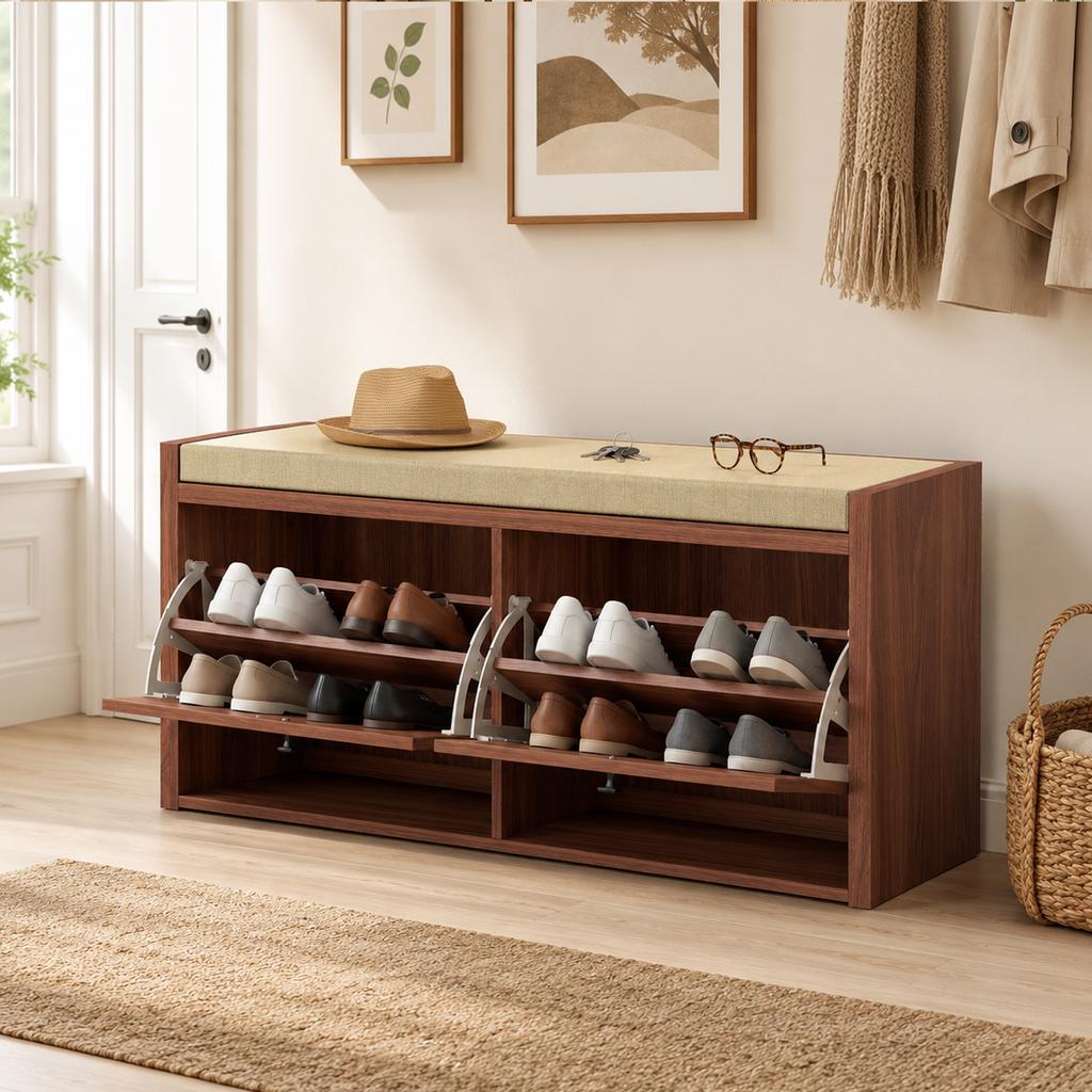 Rattan Shoe Bench With Padded Cushion And 2 Cabinets For Hidden Storage Brown