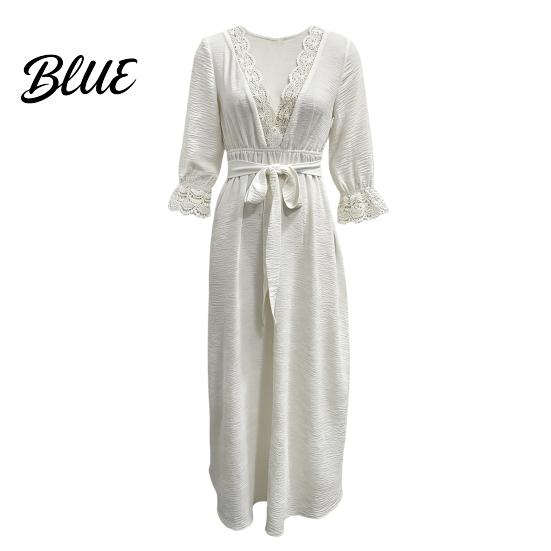 Long Sleeve Dress Women V-Neck Lace for Fall, 3/4 Sleeves Maxi with Casual Dresses Belt, Solid Color Loose Vacation Daily Wear Flowy