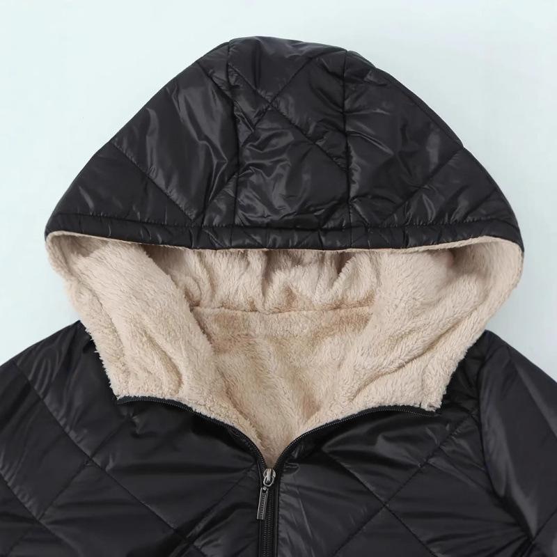 Autumn and winter new, women, loose and plush, hooded, medium to long length, cotton coat, long sleeved jacket, diamond grid, quilted cotton jacket