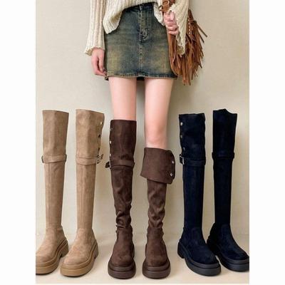 Two Boots, Folded Thick-soled Long Tube Women's 2025 Autumn and Winter New Thick Heel Knee Knight Boots Autumn and Winter