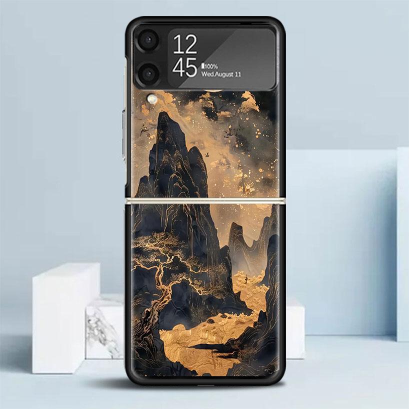 Chinese Style ink Painting Art Black Cover for Samsung Galaxy Z Flip 7 6 5 4 3 5G Phone Case Flip7 Flip6 Flip5 Flip4 Flip3 Patte