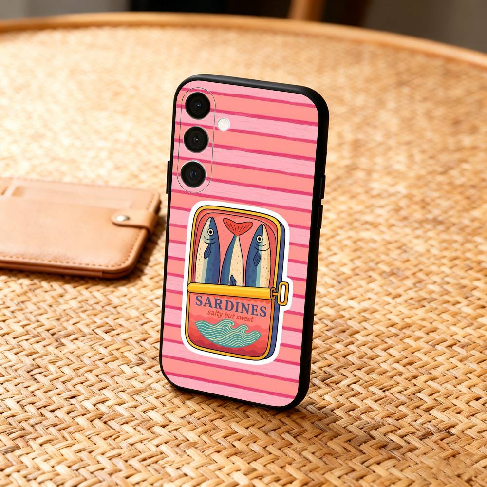 V-Vintage Canned Sardines Phone Case For Samsung A73,72,71,53,52,51,22,91,80, Soft Black Cover