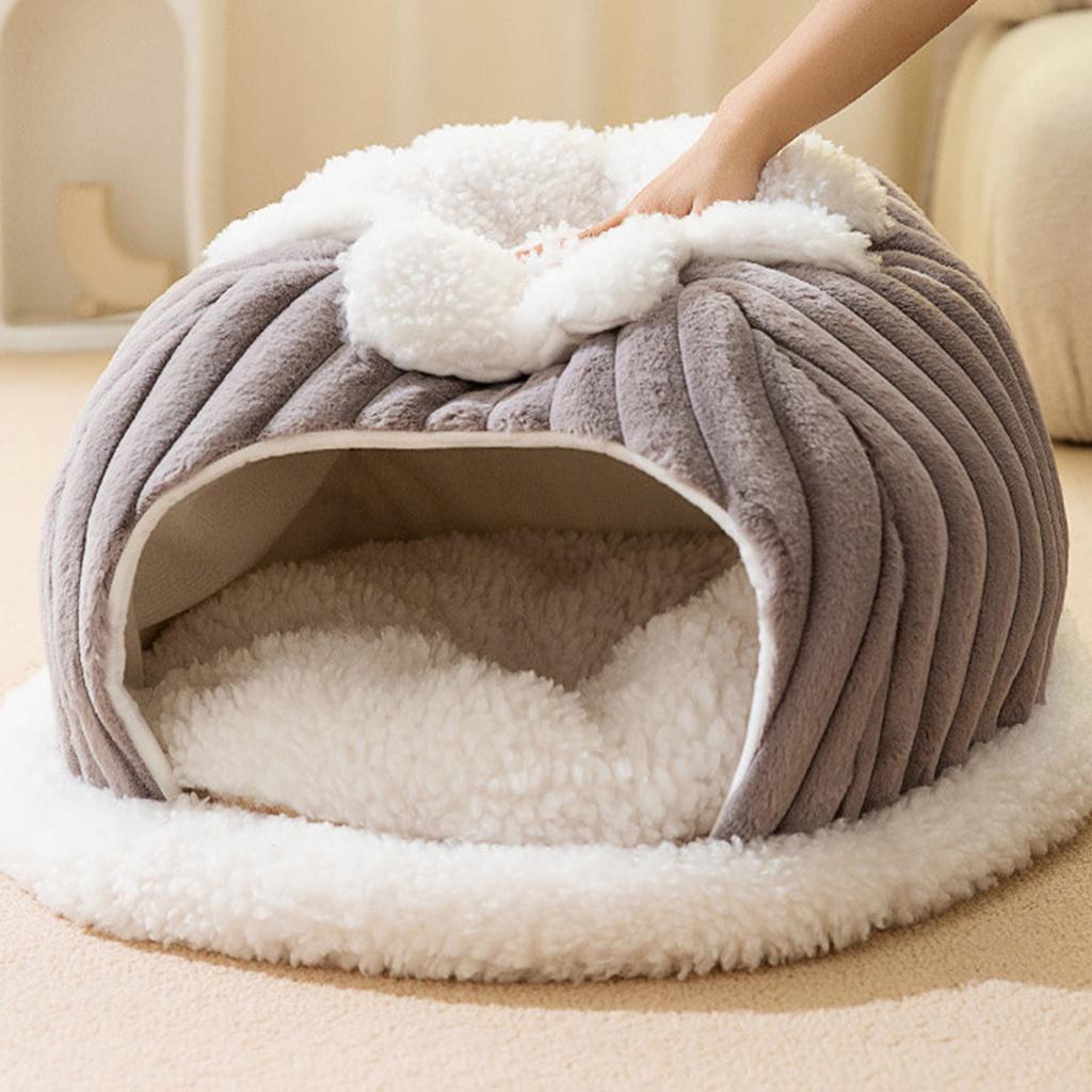 Windproof Warm Pet Bed House Enclosed Pumpkin Shape Washable Soft Cat Plush Tent Kennels for Indoor Pet Supplies