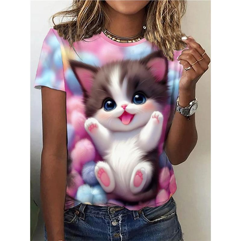 Interesting Cat T-shirt Cute Animal 3D Printed Women's Short Sleeved Summer T-shirt Round Neck Top