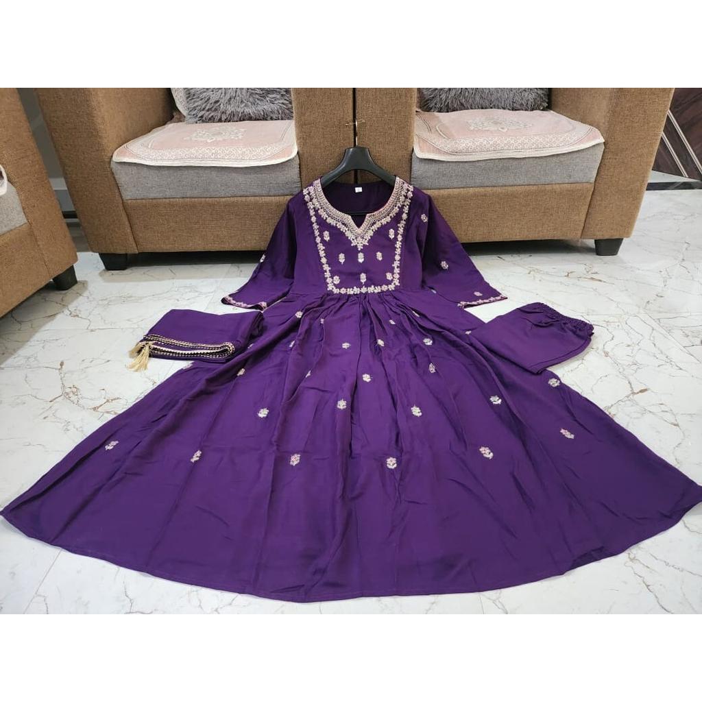 Indian Women Anarkali Long Gown Pant Dupatta Set Party Wear Top Tunic Kurti VF-20253a