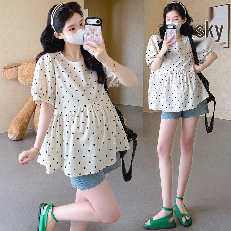 Polka Dot Oversized Cotton-Linen Maternity Shirt Set L
