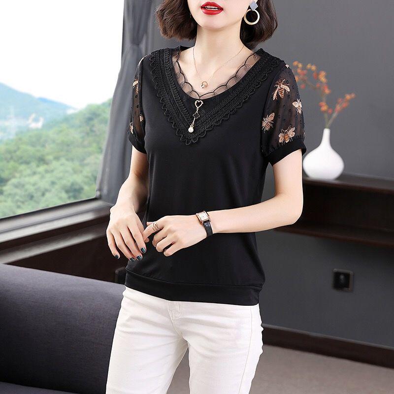 2023 Summer V-Neck Lace Chiffon Blouse for Women - Fashionable Short Sleeve Top for Middle-Aged Moms