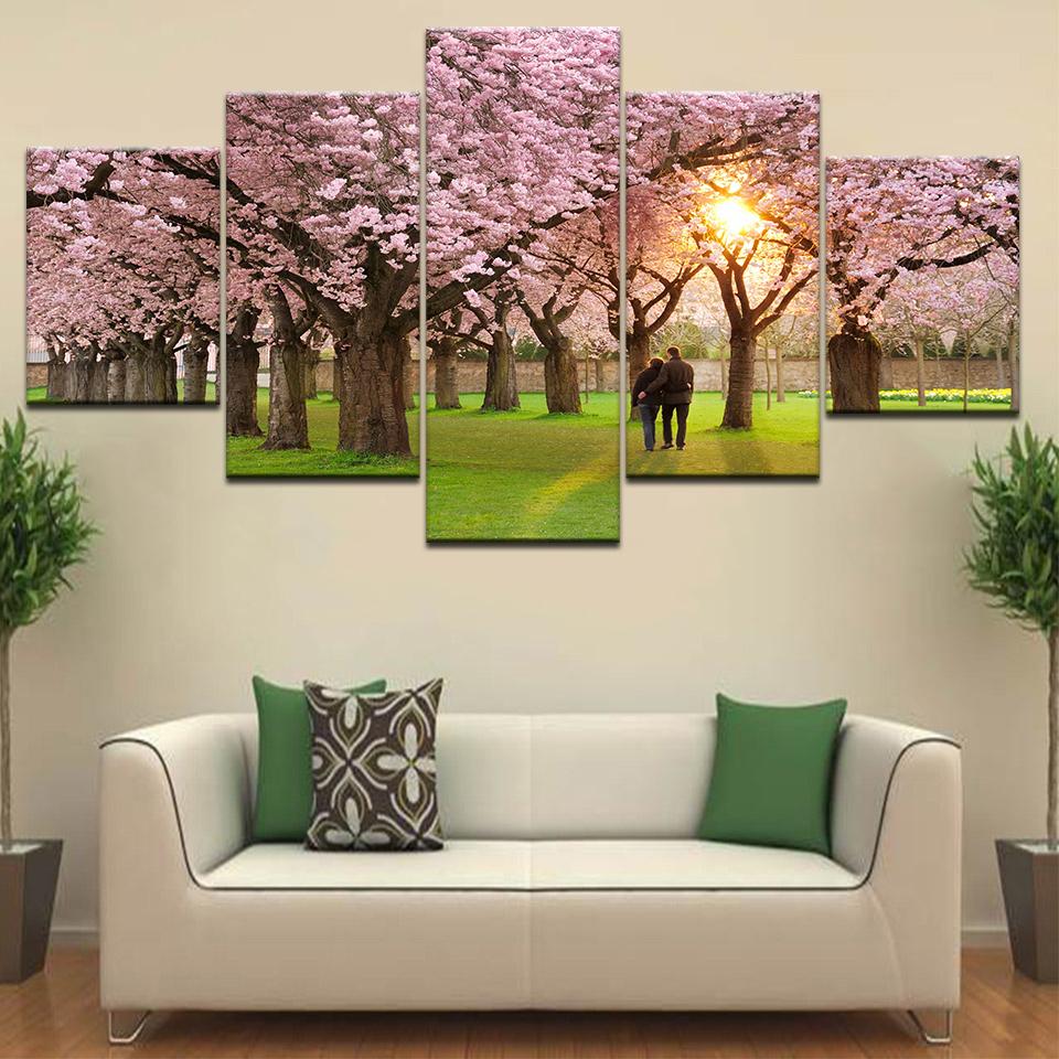 

Картины на холсте, домашний декор, HD-принты, 5 шт., картины с цветущей вишней, розовый цветок, лепесток, дерево, плакат, настенное искусство для гостиной, без рамки 20x35cm*2 20x45cm*2 20x55cm*1