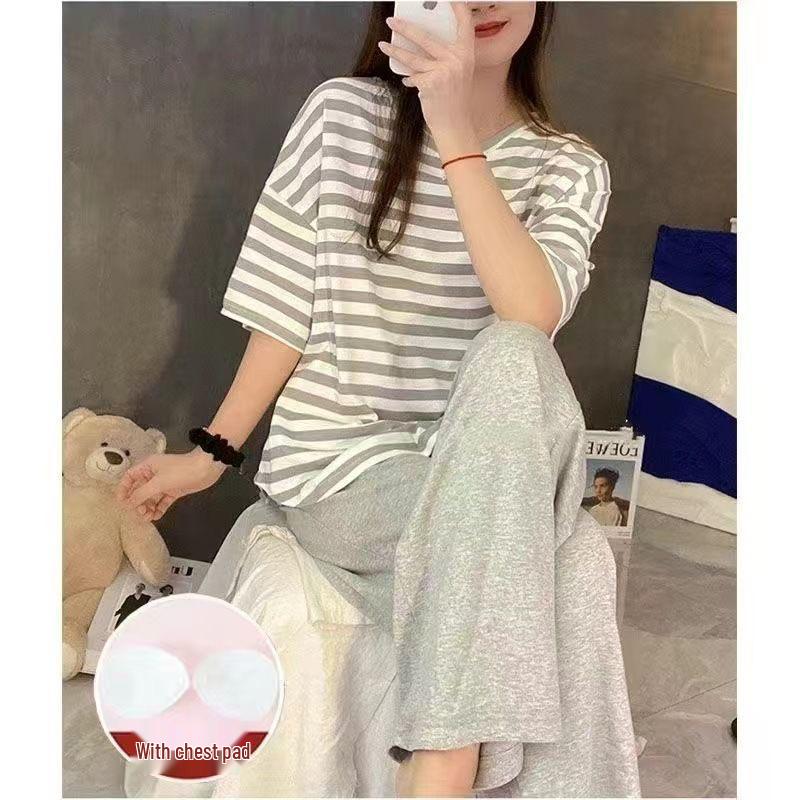 Dames Zomer 2025 Gestreept Pyjamaset met Borstkussentjes - Korte Mouw, Casual, Lichtgewicht
