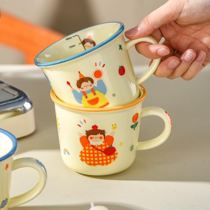 Milk Cup with Scale High Value Mug Ceramic No lid Cup for Household Children's Parent Child Water Cup Family Four