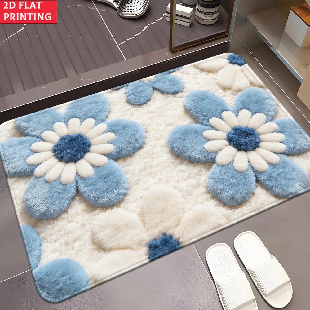 1pc 2D Flat Blue Floral Bathroom Entryway Area Rug, Non‑Slip Decor Floor Mat for Bathroom Indoor Use