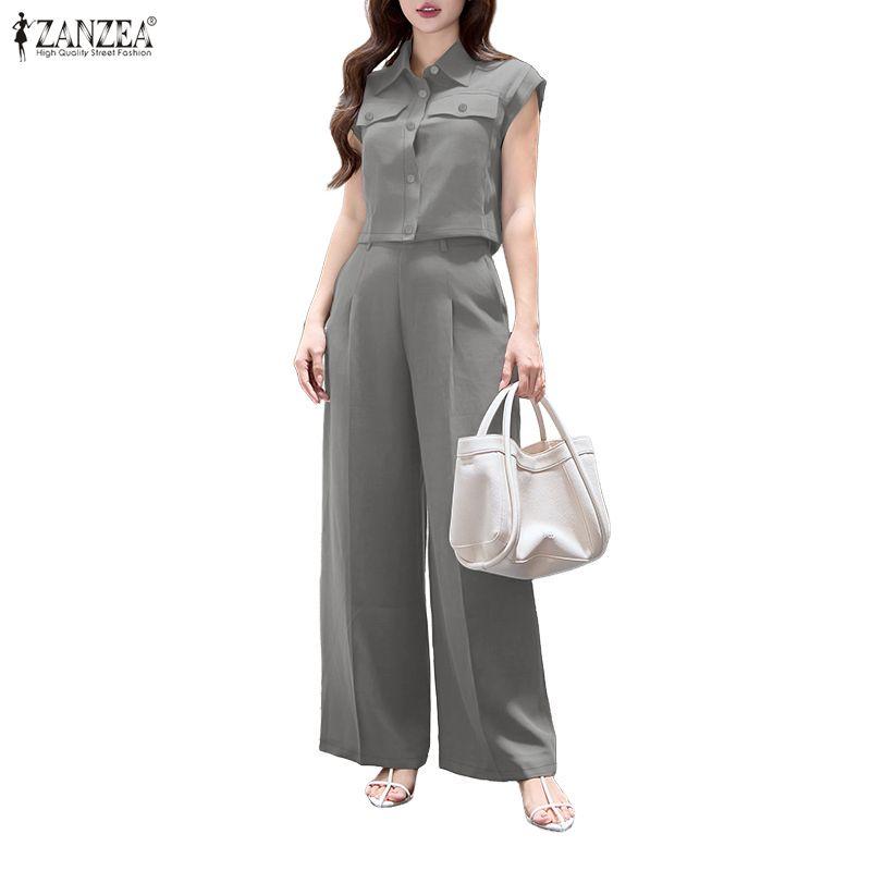 ZANZEA Conjuntos de traje casual de dos piezas con blusa y pantalones de manga corta para mujer