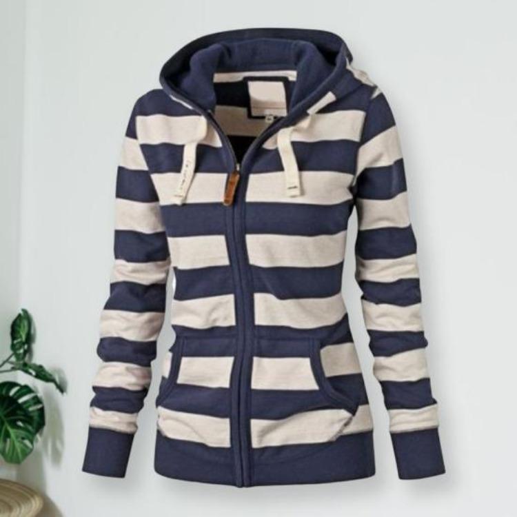Winter Fashion Women Hoodie Coat Striped Print Long Sleeves Drawstring Pockets Zipper Closure Sweatshirt Jacket Autumn Winter
