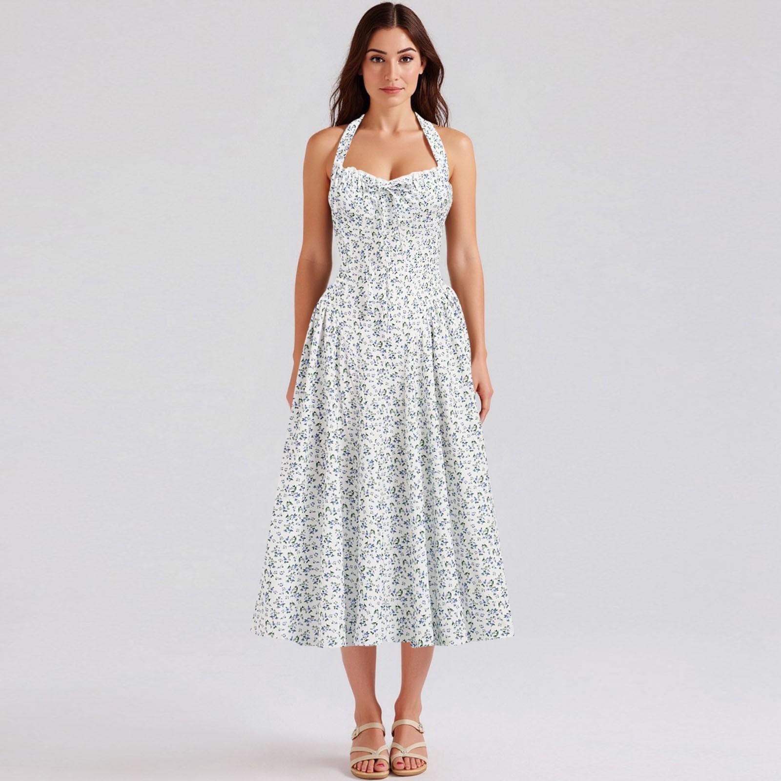 

Women s Fashion Summer Bohemian Floral Print Neck Strap Sleeveless Zipper Lace Dress L білий