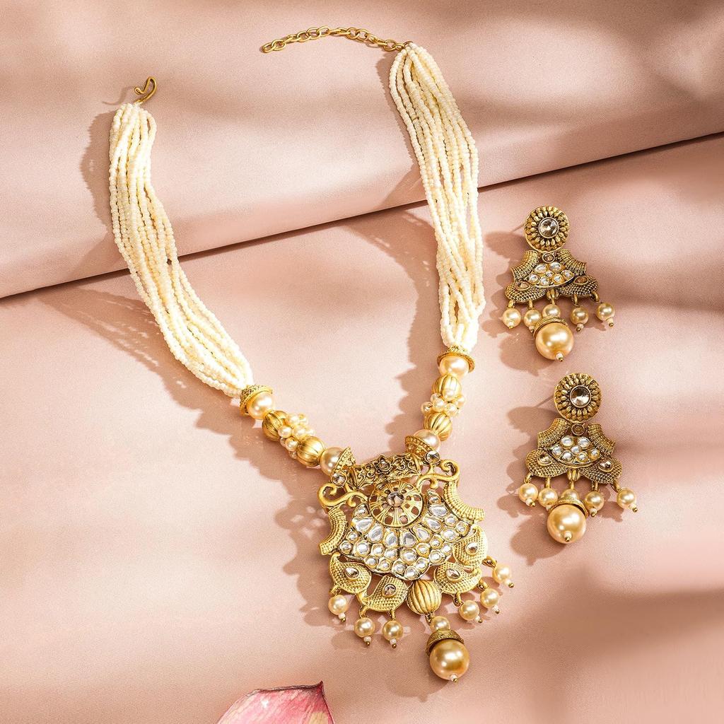Pearl & White Stone Studded Necklace Jewellery Set For Women