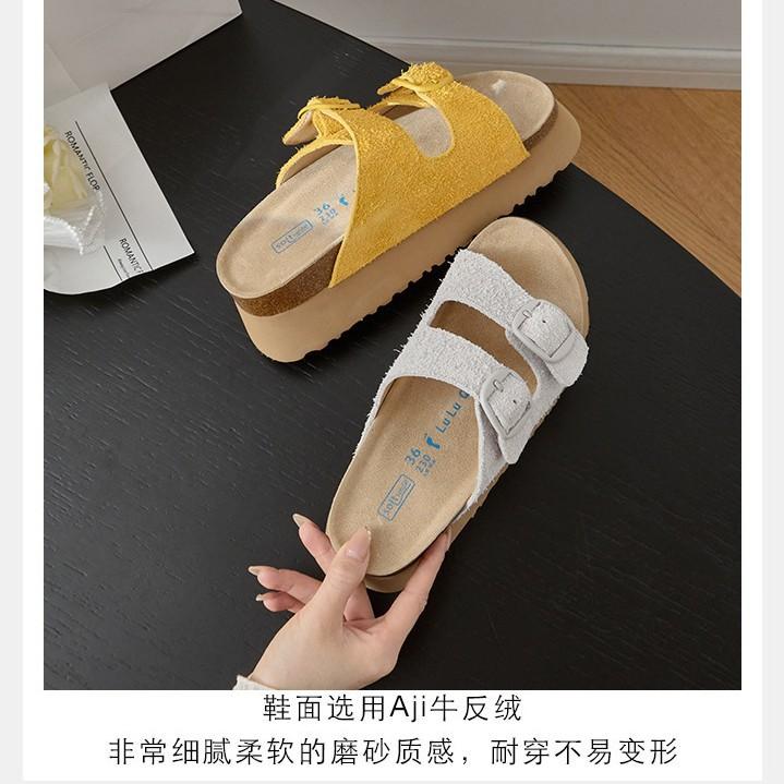 Cowhide Thick-soled Slippers Wear Retro Leather Birkencool Slippers Lazy Muffin Bottom One-word Beach Shoes
