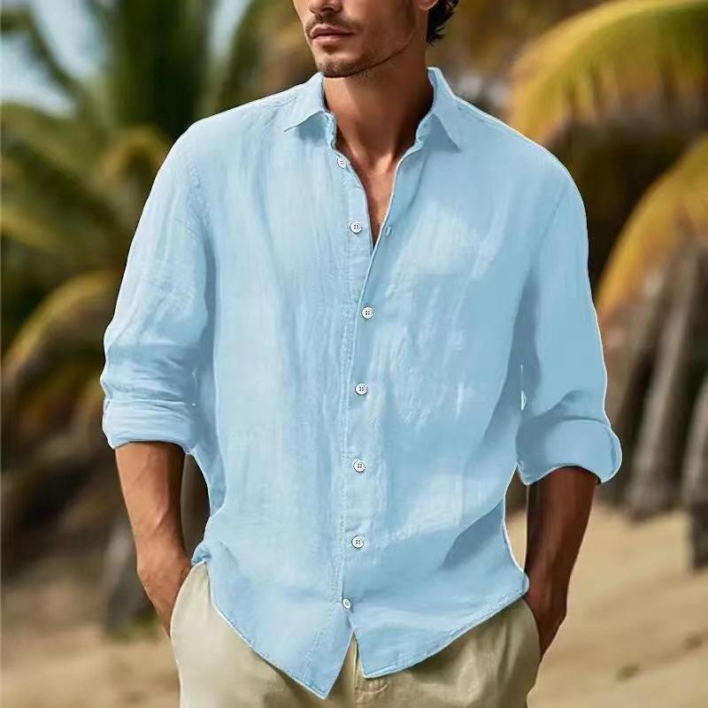 Men's Cotton Linen Solid Short Sleeve Button Shirt for Spring/Summer Beach Wear.