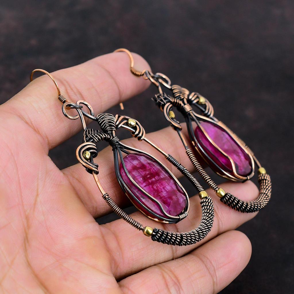 Faceted Kashmir Ruby Earring Copper Wire Wrapped Jewelry Gemstone Earrings Handmade Jewelry Copper Earring Gift For Women Wire Wrap Earring