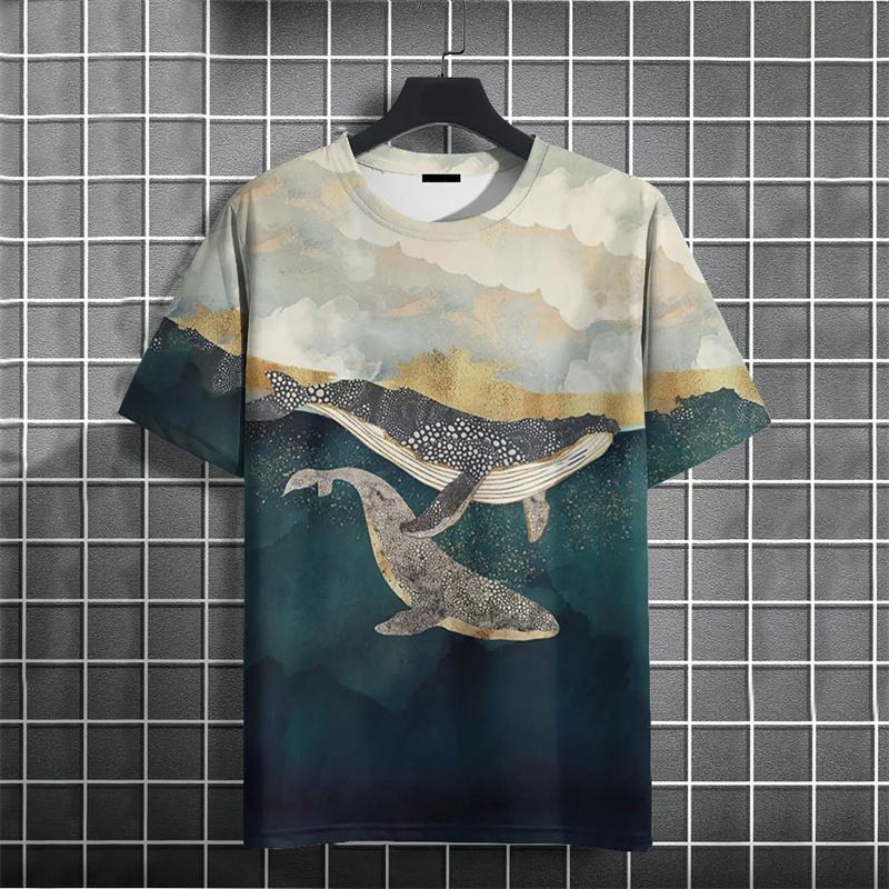 3D Printed Mountain Sea Wave T Shirt For Men Fish Animal Pattern Tees Summer Oversized Short Sleeve Street Round Neck T-Shirts