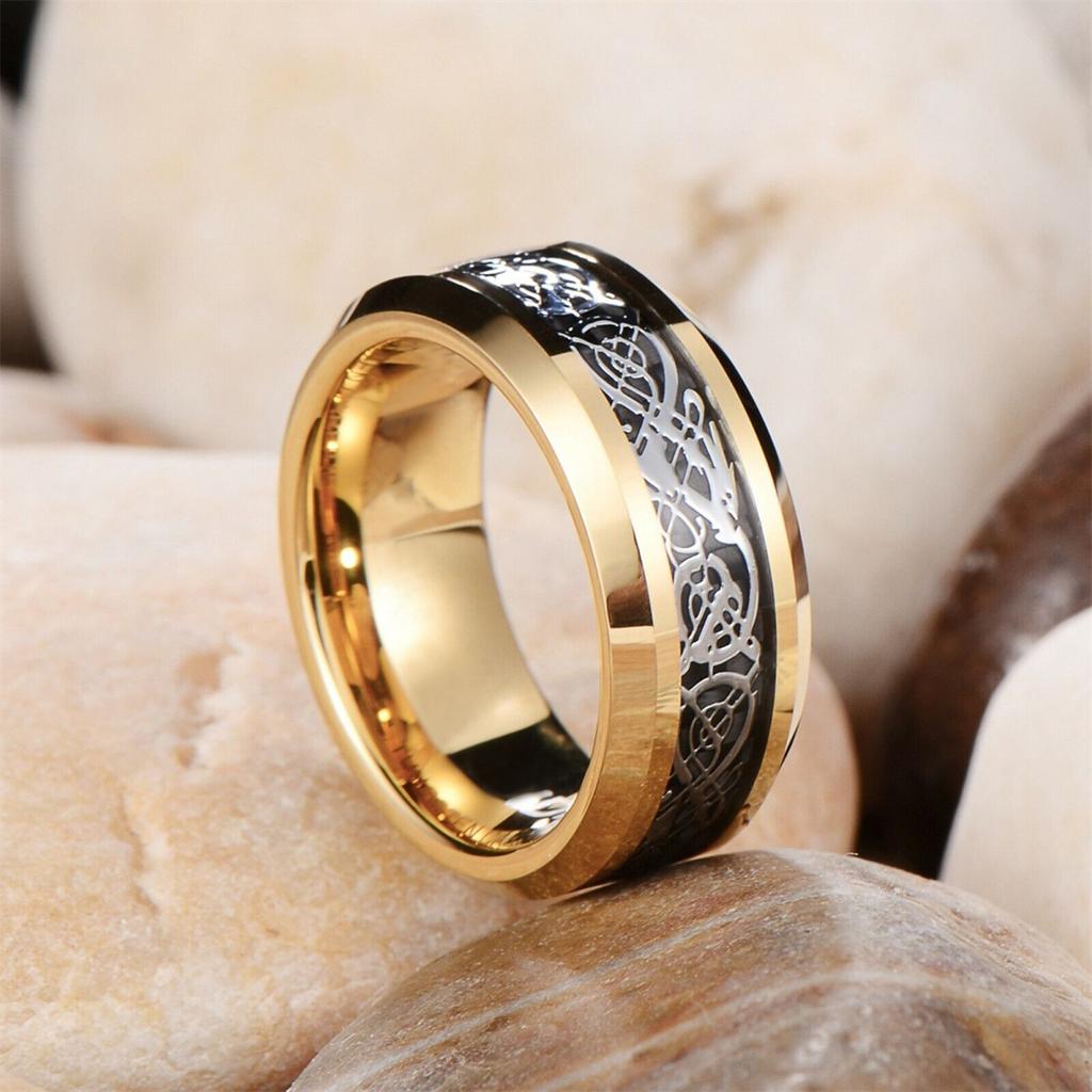 Fashion Gold Color Men Stainless Steel Celtic Dragon Rings Inlay Black Carbon Fiber Rings Men Wedding Band Jewelry