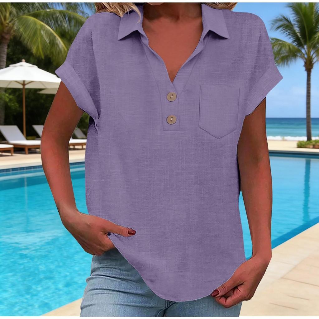 Women's Fashion Casual -Colour Buttoned Pocket Collared Short-Sleeved Shirt T-Shirt Top