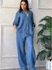 2024 Women's Solid Color Single-Breasted Long Sleeve Shirt & Wide Leg Tie Pants Set