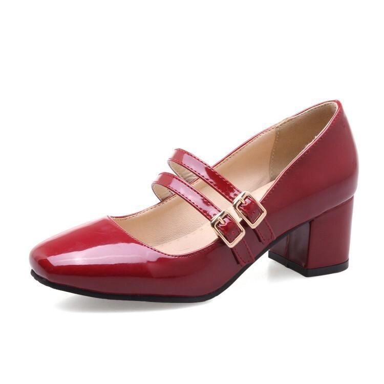 New Belt Buckle Shallow Spring and Autumn Single Shoes Thick Heel Medium Heel Professional Shoes