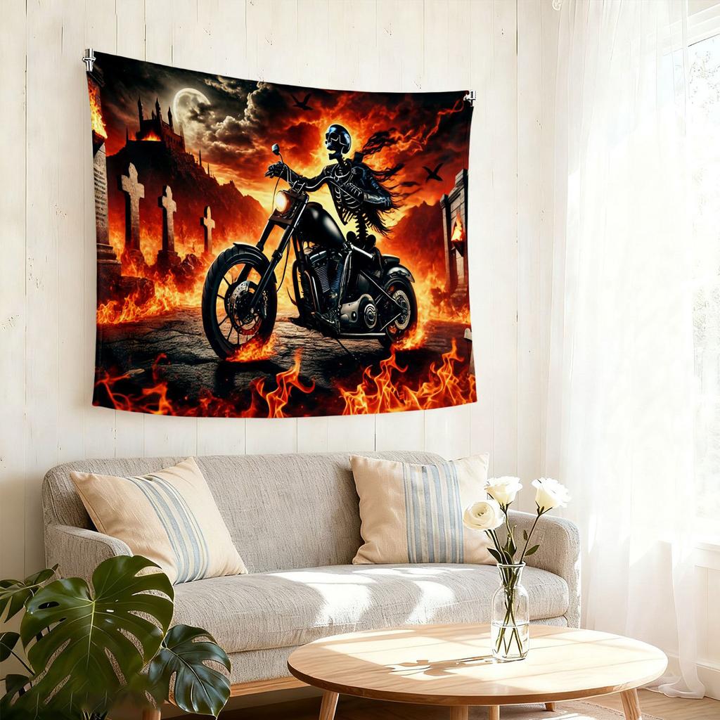 1PC Gothic Motorcycle Rider Tapestry Flame Background Wall Hanging Dark Gothic Decor for Living Room Bedroom Bar