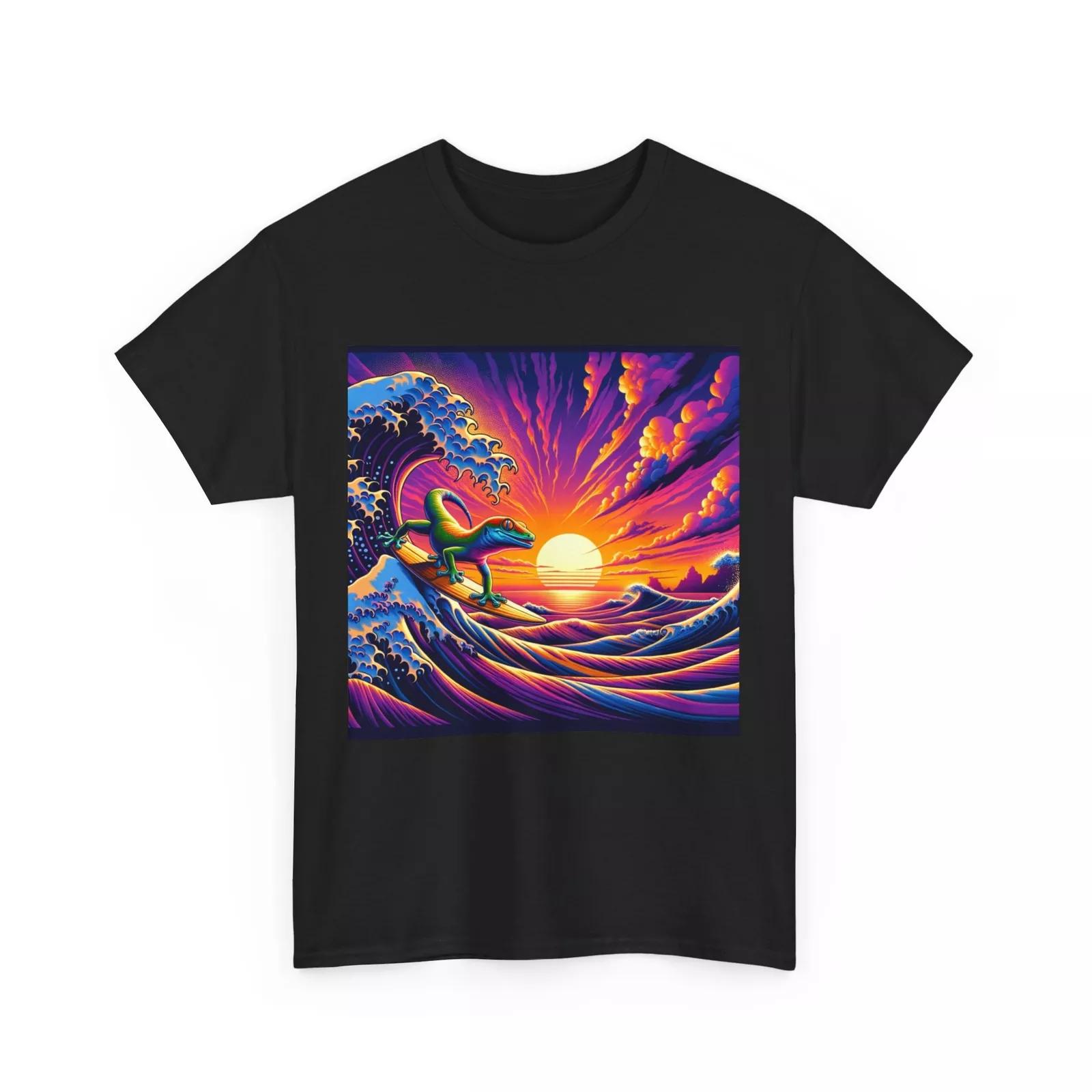 Unisex Adult T Shirt Gecko Surfing Ukiyoe Sunset Waves Retro Vibes Beach Vapor S