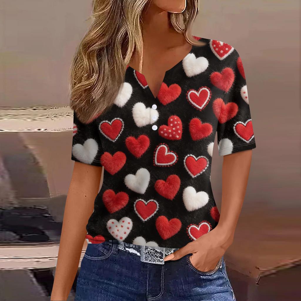 Women's Fashion Casual V,Neck Short,Sleeve T,Shirt With Decorative Buttons And Valentine's Day Print Top