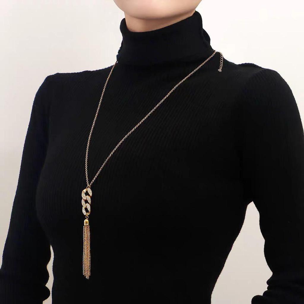 Versatile Sweater Chain: Irregular Geometric Tassel Necklace with Inlaid Rhinestones for Women