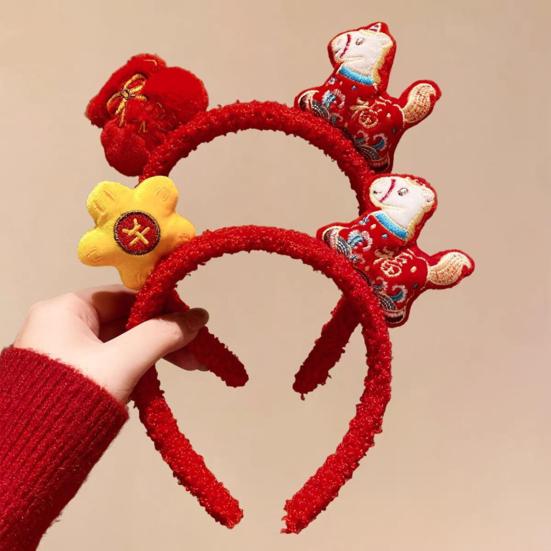 Yousheng 2026 Year of Horse Headband Plush Soft Comfortable Bright Red Hair Hoop 2026 Zodiac Hair Accessory Festive Joyful Decoration