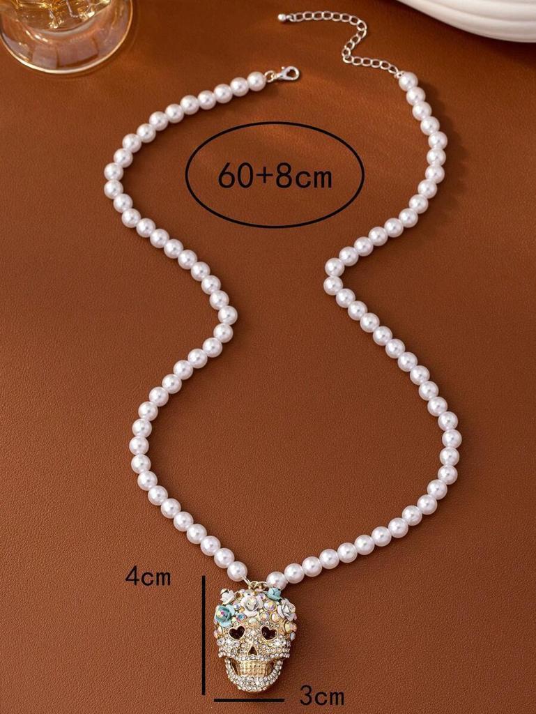 1pc Fashionable Hip-Hop Style Skull Flower Faux Pearl Pendant Necklace For Men Valentines